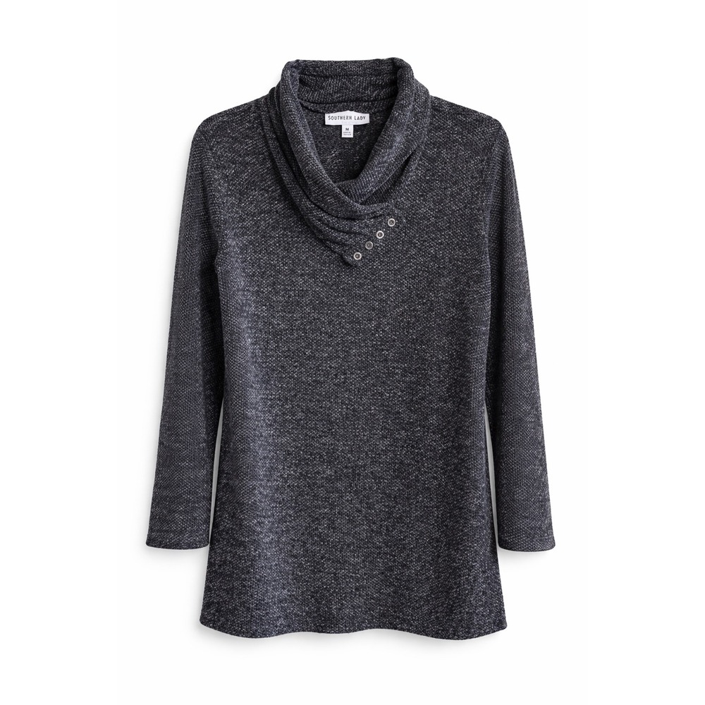 Southern Lady Charcoal Cowl Neck Knit Sweater Button Detail Cozy Top‎ M